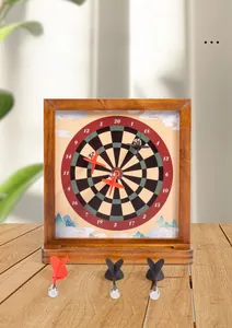 Close-up of double-sided magnetic dart board set with six powerful magnetic darts