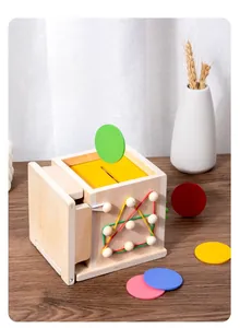 Macro shot of 8-in-1 Montessori wooden coin box with colorful discs for motor skills