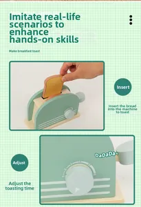 Detail of wooden toy toaster showing dial adjustment and bread insertion for kids