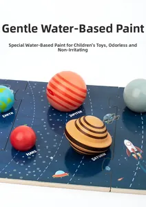 Detail of wooden solar system puzzle with eco-friendly water paint for safe child play