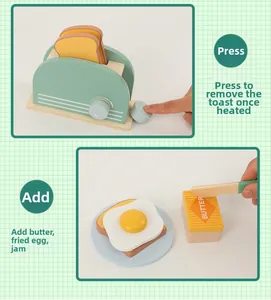 Detail view of wooden toaster toy set with play food and interactive pop-up function