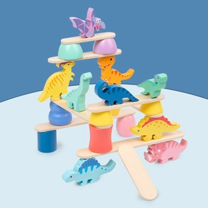 Wooden dinosaur balancing blocks game with colorful animal figures for kids education