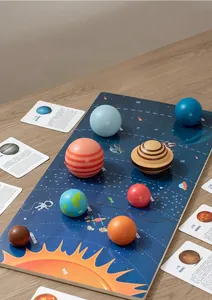 Detail of wooden solar system planets with smooth finish and educational fact cards