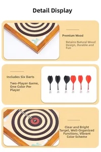 Detail of wooden magnetic dartboard set featuring six darts and a sturdy solid wood frame