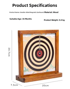 Detailed view of double-sided magnetic dartboard with wooden frame and precise dimensions