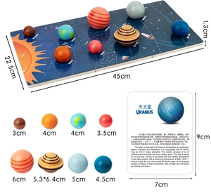 Detailed size chart of wooden solar system puzzle showing planets and base board dimensions