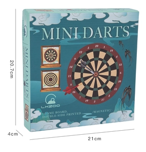 Detail view of the teal magnetic dart board set packaging with 21x4x20.7cm dimensions
