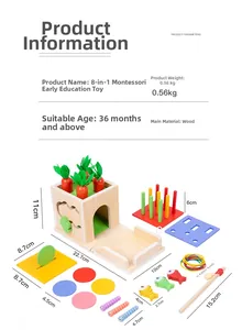 Detailed size chart of Montessori 8-in-1 wooden toy set with coins and carrots