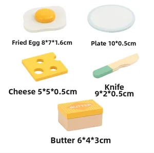 Detailed dimensions of wooden play food set including butter, knife and fried egg toys