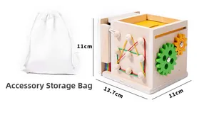 Detailed view of Montessori wooden activity box with gears and size dimensions in centimeters