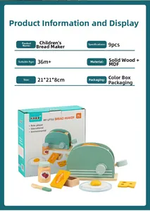 Macro detail of 9-piece wooden toaster toy set including jam jar and butter slice