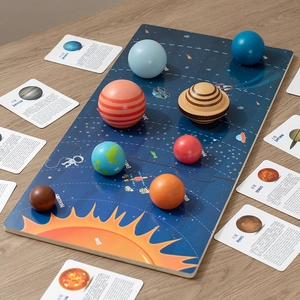 Solar system wooden puzzle set with eight planets and educational planet info cards