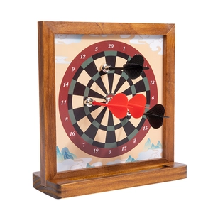 Wooden magnetic dartboard set with landscape patterns and four darts for tabletop gaming