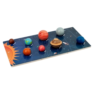 Wooden solar system puzzle toy featuring eight colorful planets on a starry orbital base