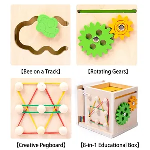 8-in-1 Montessori wooden activity box with gears and rubber band nail board puzzle