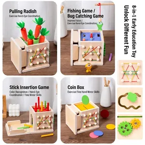 Montessori 8-in-1 wooden educational toy cube with fishing, carrot harvest and color sorting