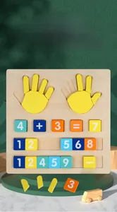 Detailed macro view of wooden math board with movable finger palms and colorful number blocks