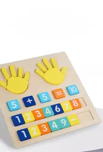 Close-up of wooden finger counting board with colorful math numbers and plus minus signs