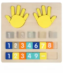 Macro shot of wooden math learning board with yellow hand shapes and colorful number sliders