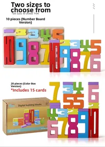 Detailed view of colorful wooden number blocks with learning cards and storage box