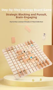 Detailed view of the wooden grid board with colorful game pieces and movable barriers