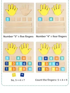 Detail view of wooden math board with flexible yellow finger pieces for counting subtraction