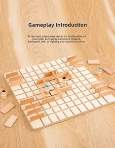 Detail of wooden strategic board game with blue and black pawns and barriers on a grid