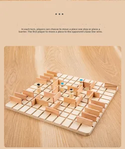 Detailed top view of wooden strategy board game showing game pieces and blocking walls