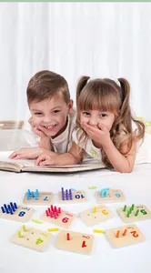 Detail of wooden counting boards with number engraving and colorful sorting sticks