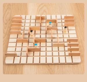 Macro shot of natural wood grid board and colorful pawn pieces in a strategic board game