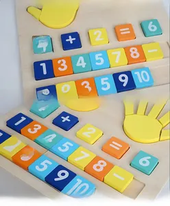 Detailed view of wooden math board featuring colorful numbered blocks and water-based paint finish