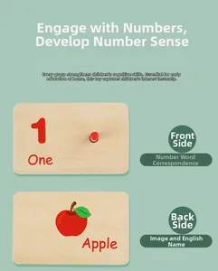 Detail view of wooden Montessori number card for digit one and apple illustration