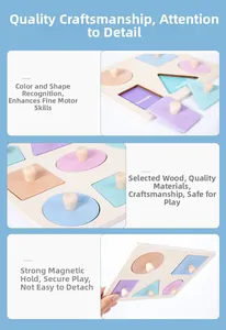 Dettaglio del puzzle Montessori in legno con base magnetica e forme color macaron