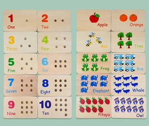 Detail of wooden counting puzzles for toddlers showing number matching and vibrant illustrations