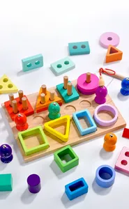 3-in-1 wooden montessori toy featuring magnetic fishing game and shape sorting pillars