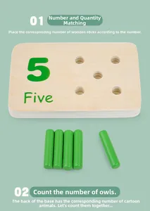 Detail of wooden counting board and green pegs for Montessori math learning and sorting