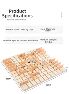 Wooden strategy maze board game details with dimensions 26x26cm and material info