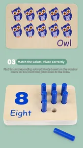 Close-up of wooden math board showing number eight and blue color matching blocks