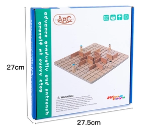 Detailed view of wooden board game packaging showing dimensions 27cm x 27.5cm