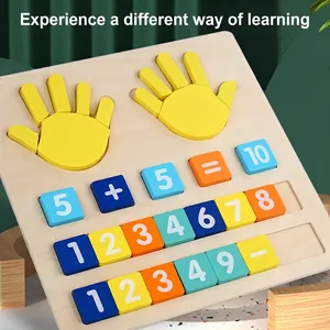 Wooden math learning board with counting hands and color number blocks for toddlers