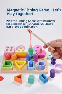 Macro detail of toddler magnetic fishing game and colorful wooden geometric stacking blocks