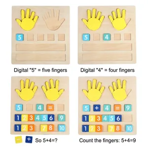 Wooden finger counting math toy for toddlers showing addition operations on white background