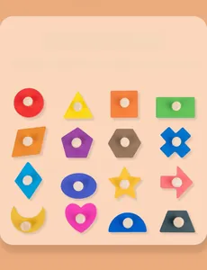 Dettagli di pezzi di puzzle geometrici in legno con maniglie per imparare colori e forme