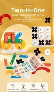Macro view of 2-in-1 Montessori wooden puzzle and Tic-Tac-Toe set with instruction manual