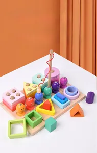 Macro view of wooden educational toy set showing magnetic fishing and geometric sorting