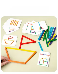 Detailed view of colorful wooden math sticks with illustrated challenge cards and guide
