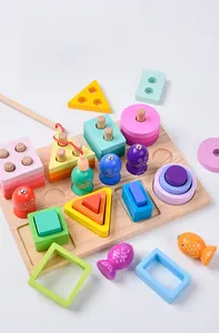 Detailed view of colorful wooden Montessori sorting blocks and magnetic fishing toy set