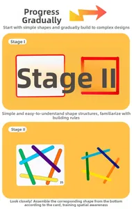 Educational wooden counting sticks set with cards showing geometric shapes and logic steps