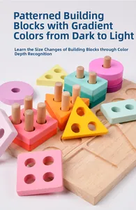Close-up of wooden shape sorter with gradient colorful blocks on peg base