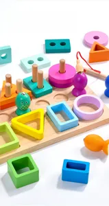 Detail of wooden 3-in-1 magnetic fishing game and geometric shape sorting blocks for toddlers
